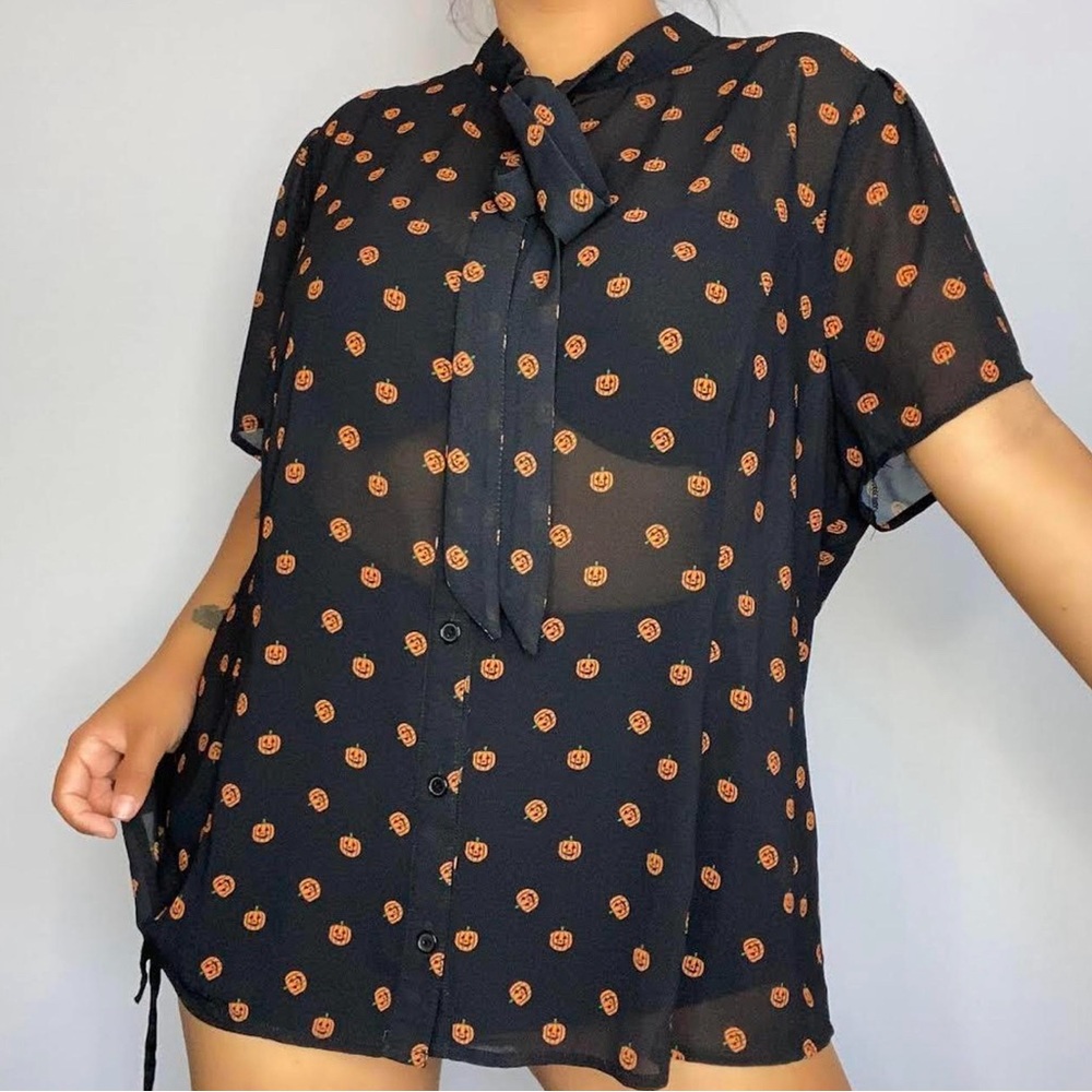 Sheer Black Blouse with Pumpkin Print & Neck Tie - 3X - NWOT